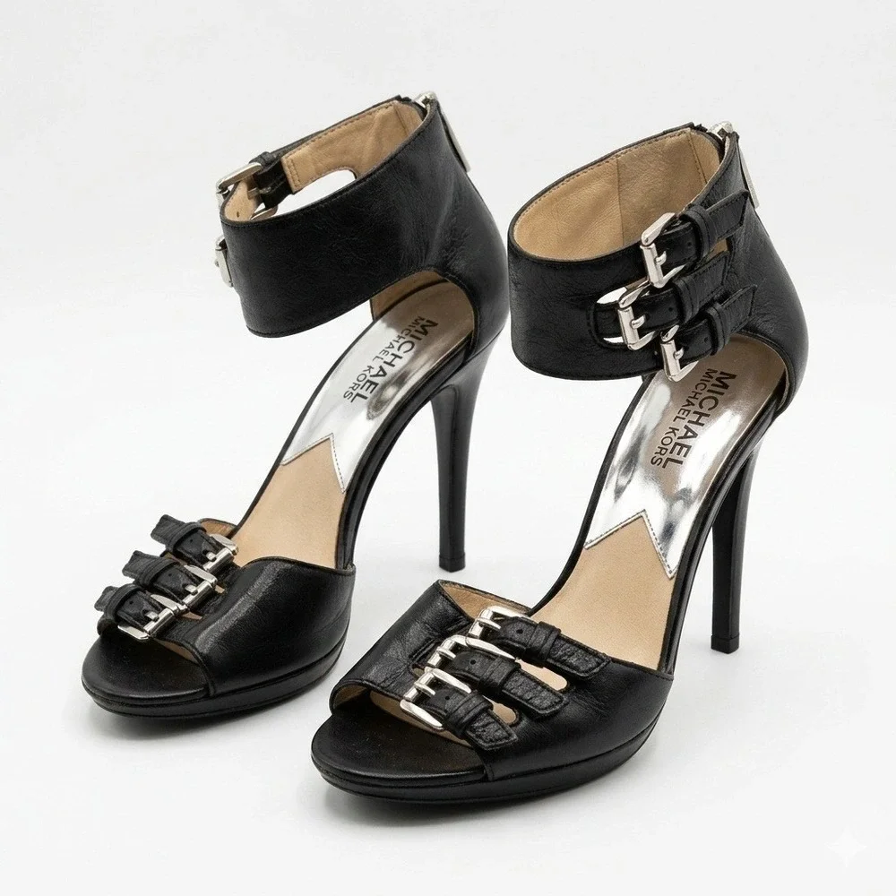 Michael‎ Kors Heeled Strappy Sandals Womens 6M Black Leather Buckle Heel Zip